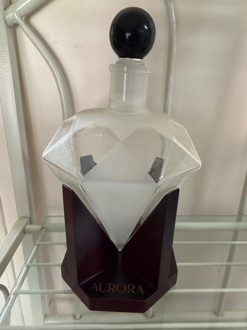 Aurora Diamond-Shaped Frosted Glass Decanter Bottle w/Black Stopper & Wood Base